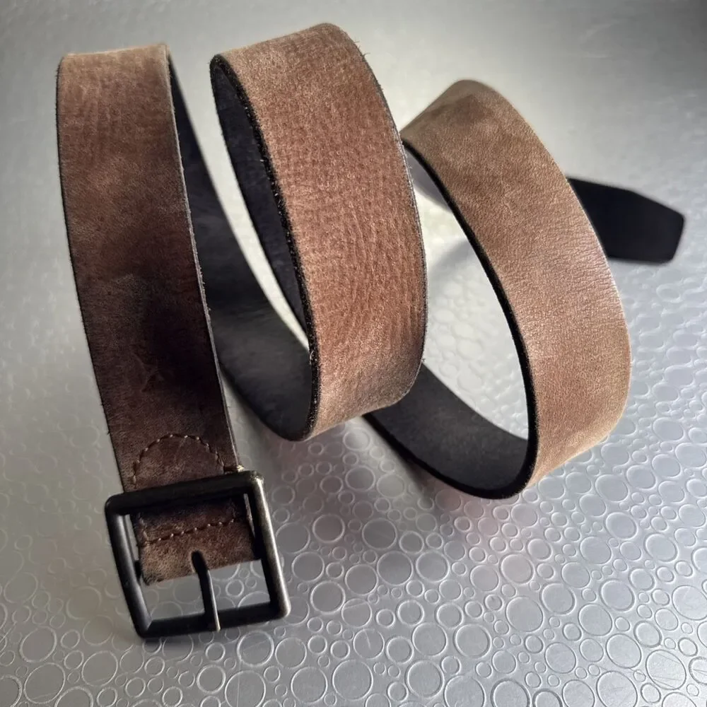 American Eagle Mens Rugged Brown Leather Reversible Belt 44 Eagle Logo Y2K